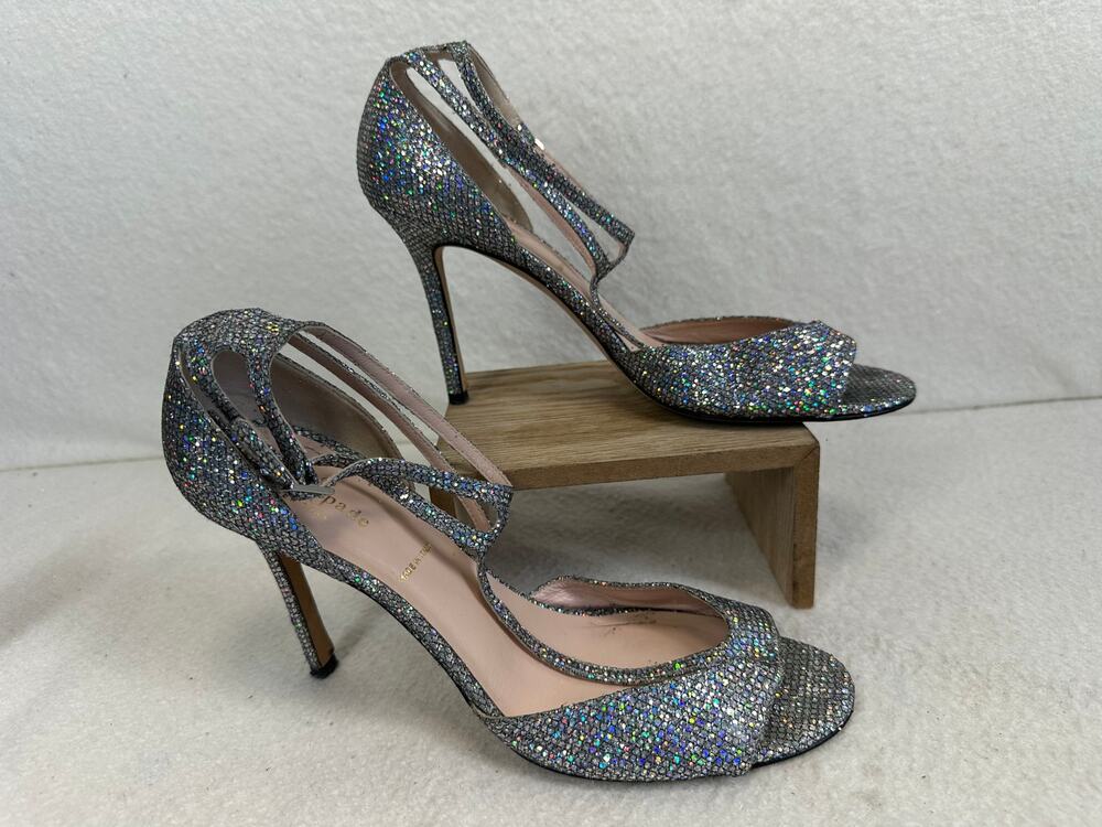 Kate Spade Ines Glitter Heel Sandal Open Toe Strap Buckle Heels SZ 10